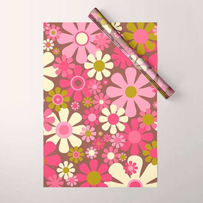 Groovy Retro Floral Garden 60s 70s Pattern in Pink Avocado Brown  Wrapping Paper Gallery Image 1
