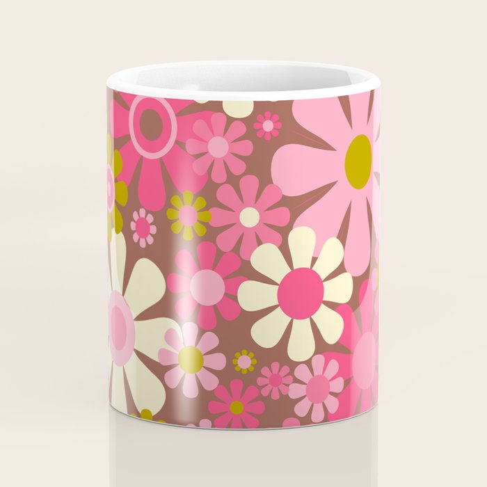 Groovy Retro Floral Garden 60s 70s Pattern in Pink Avocado Brown  Coffee Mug Gallery Image 4