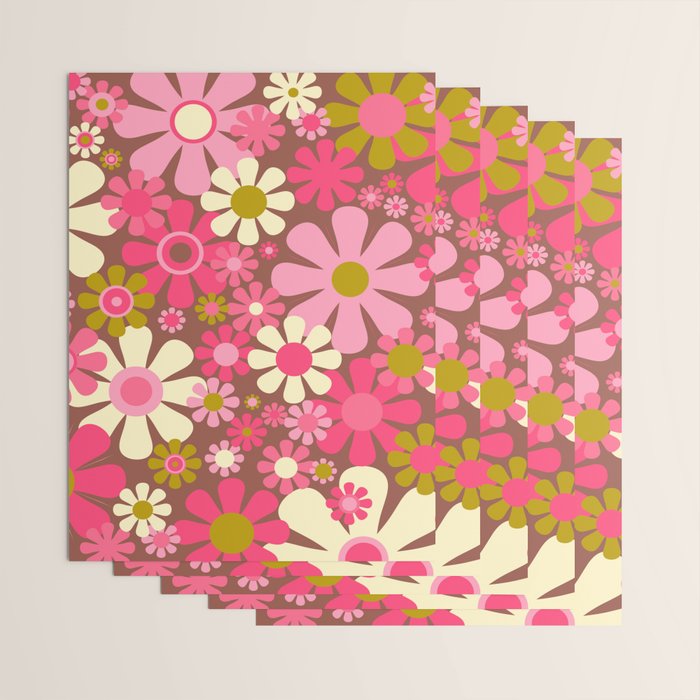 Groovy Retro Floral Garden 60s 70s Pattern in Pink Avocado Brown  Wrapping Paper Gallery Image 3