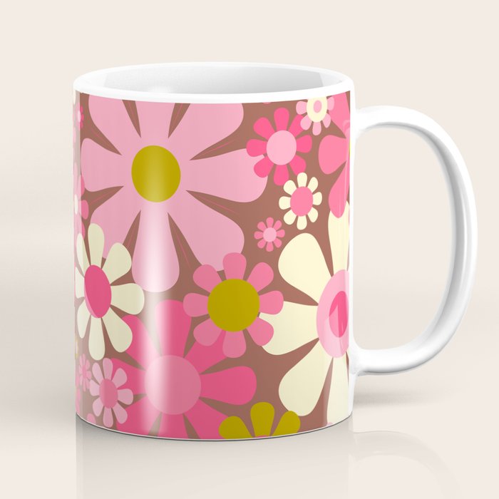 Groovy Retro Floral Garden 60s 70s Pattern in Pink Avocado Brown  Coffee Mug Gallery Image 1