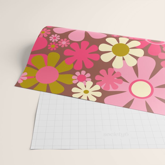 Groovy Retro Floral Garden 60s 70s Pattern in Pink Avocado Brown  Wrapping Paper Gallery Image 2