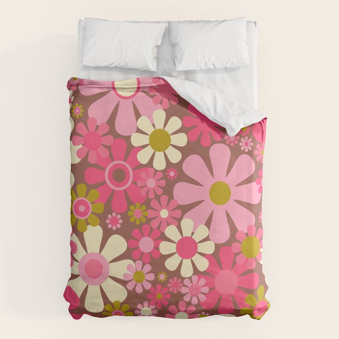 Groovy Retro Floral Garden 60s 70s Pattern in Pink Avocado Brown  Duvet Cover Gallery Image 6