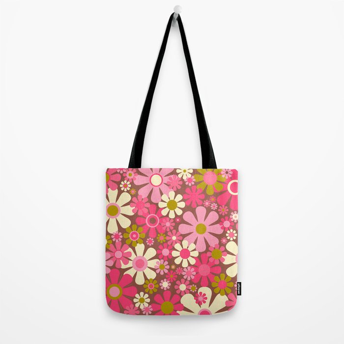 Groovy Retro Floral Garden 60s 70s Pattern in Pink Avocado Brown  Tote Bag Gallery Image 2