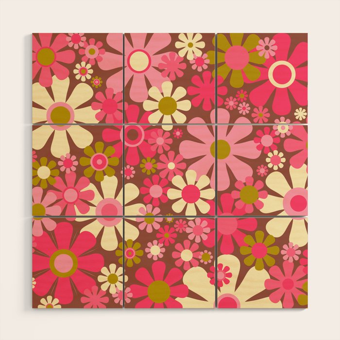 Groovy Retro Floral Garden 60s 70s Pattern in Pink Avocado Brown  Wood Wall Art Gallery Image 1