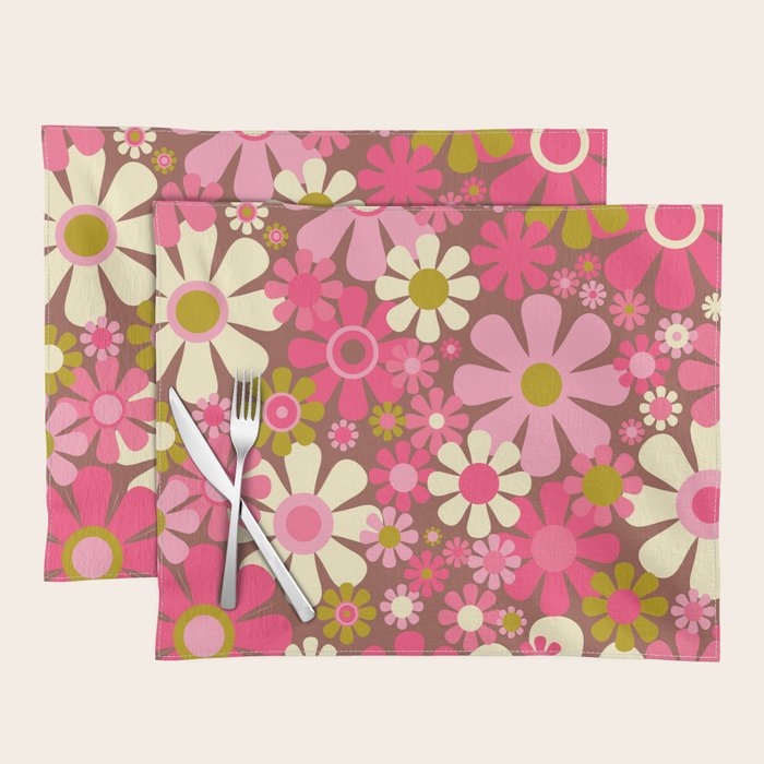 Groovy Retro Floral Garden 60s 70s Pattern in Pink Avocado Brown  Placemat Gallery Image 1