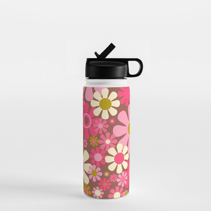 Groovy Retro Floral Garden 60s 70s Pattern in Pink Avocado Brown  Water Bottle Gallery Image 1