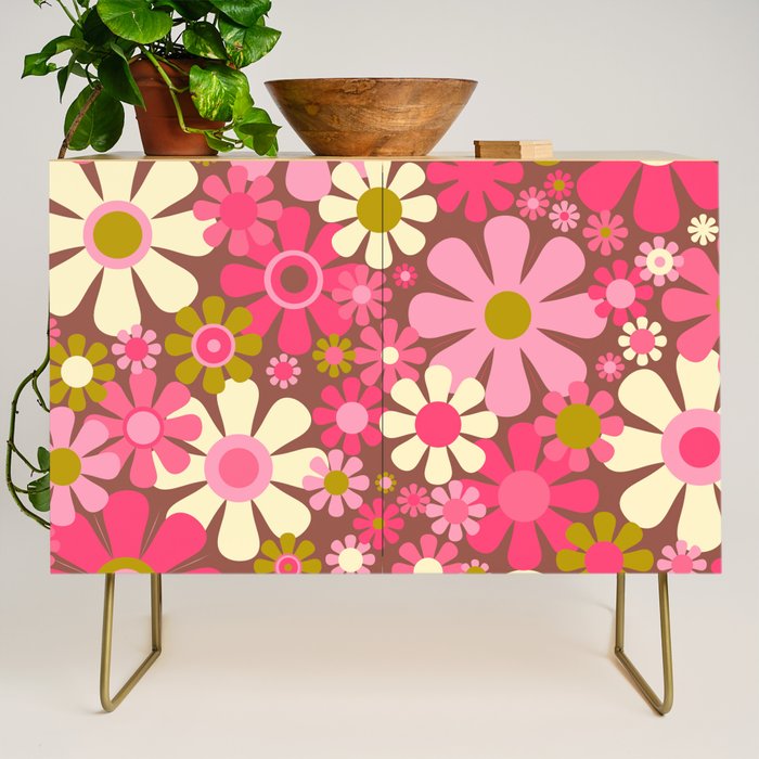 Groovy Retro Floral Garden 60s 70s Pattern in Pink Avocado Brown  Credenza Gallery Image 1