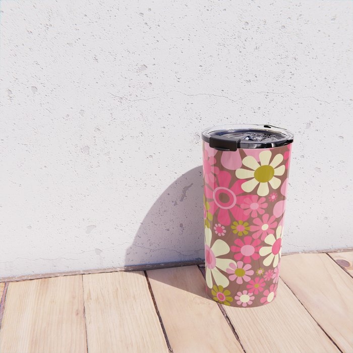 Groovy Retro Floral Garden 60s 70s Pattern in Pink Avocado Brown  Travel Mug Gallery Image 4