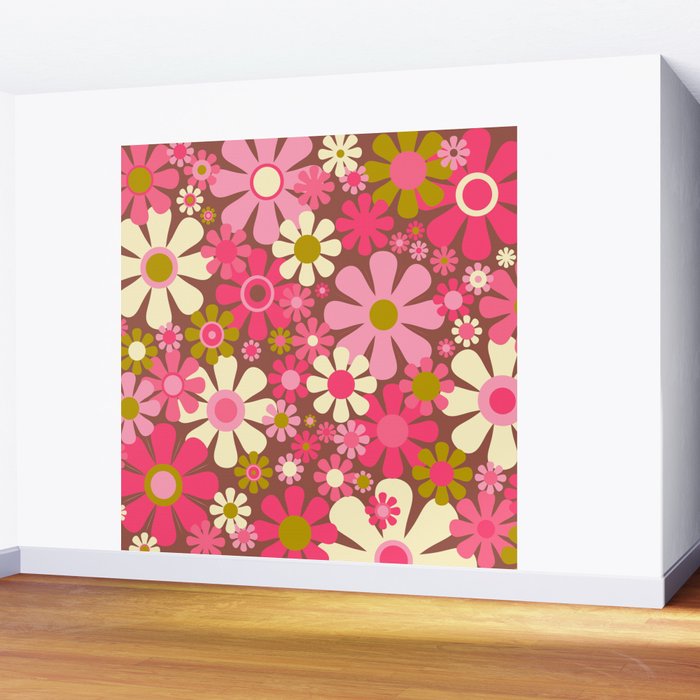 Groovy Retro Floral Garden 60s 70s Pattern in Pink Avocado Brown  Wall Mural Gallery Image 2