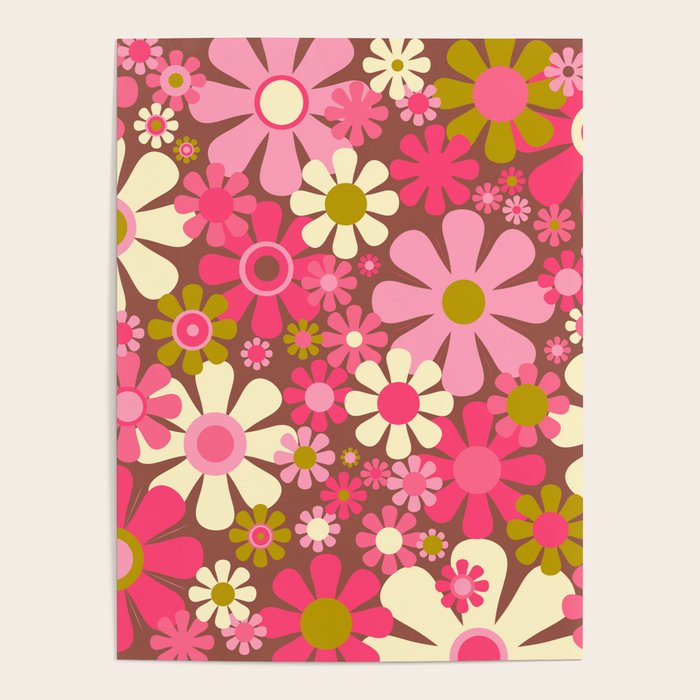 Groovy Retro Floral Garden 60s 70s Pattern in Pink Avocado Brown  Poster Gallery Image 4