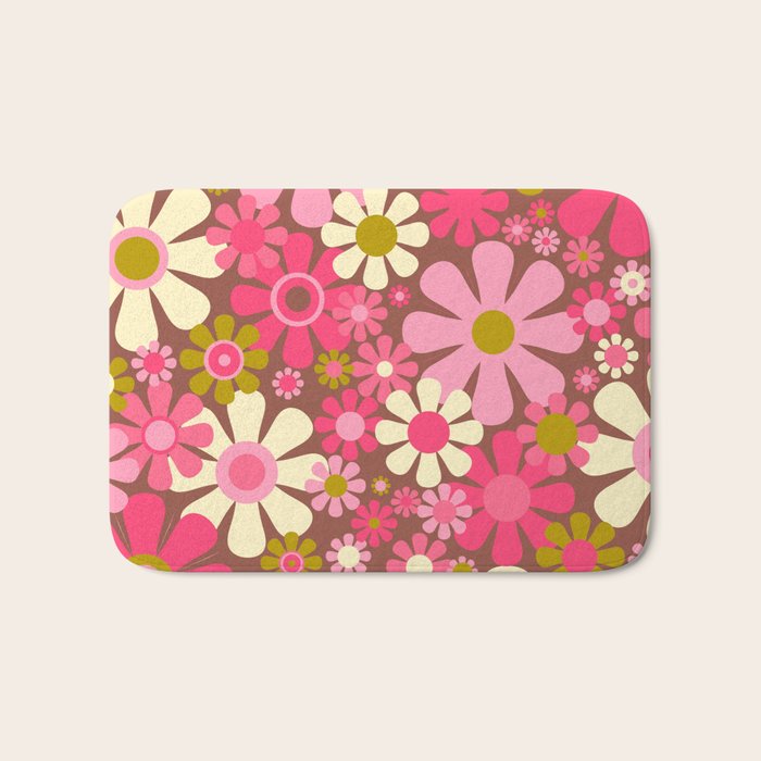 Groovy Retro Floral Garden 60s 70s Pattern in Pink Avocado Brown  Bath Mat Gallery Image 1