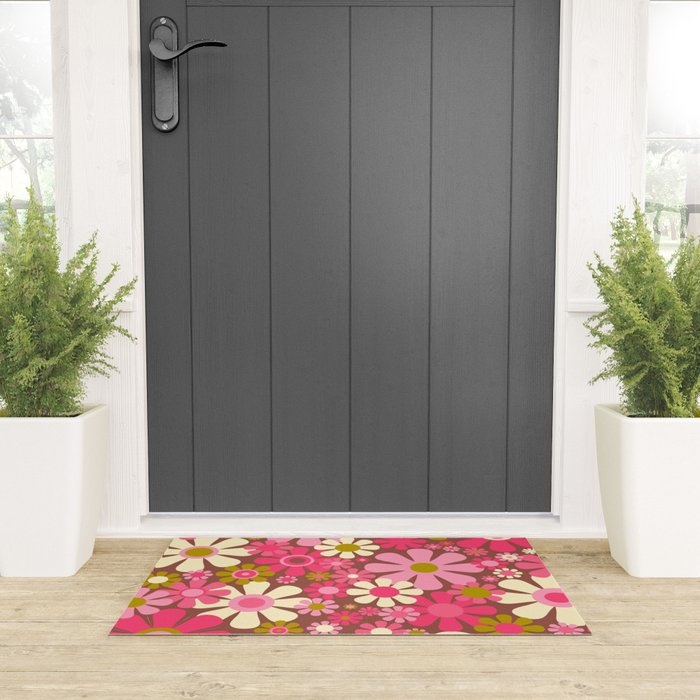 Groovy Retro Floral Garden 60s 70s Pattern in Pink Avocado Brown  Welcome Mat Gallery Image 3