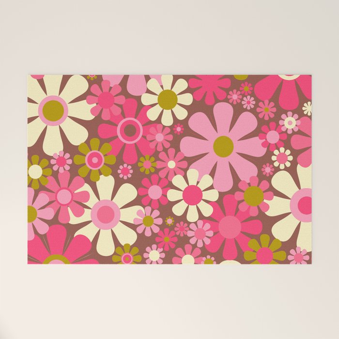 Groovy Retro Floral Garden 60s 70s Pattern in Pink Avocado Brown  Welcome Mat Gallery Image 1