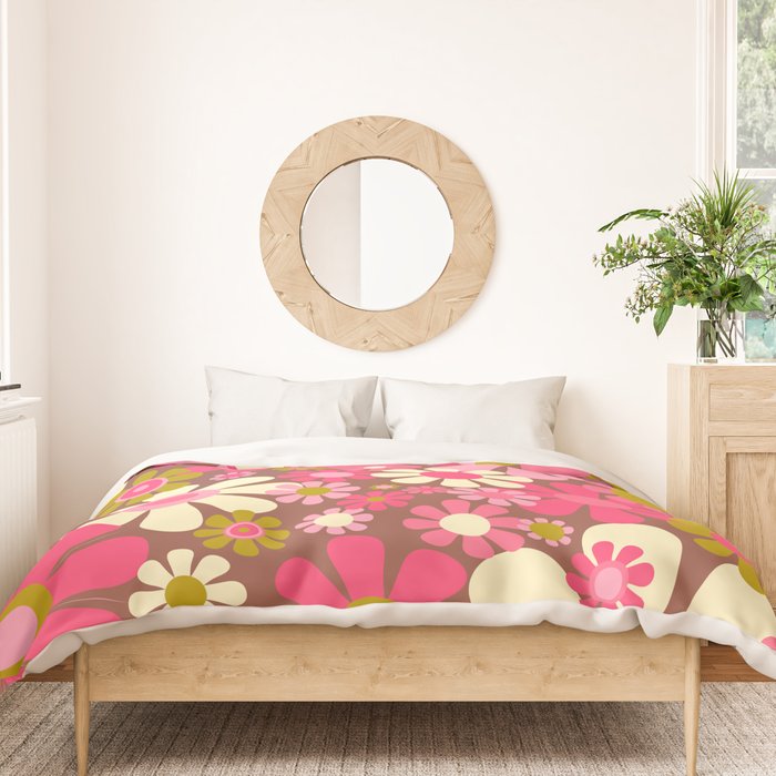 Groovy Retro Floral Garden 60s 70s Pattern in Pink Avocado Brown  Duvet Cover Gallery Image 3