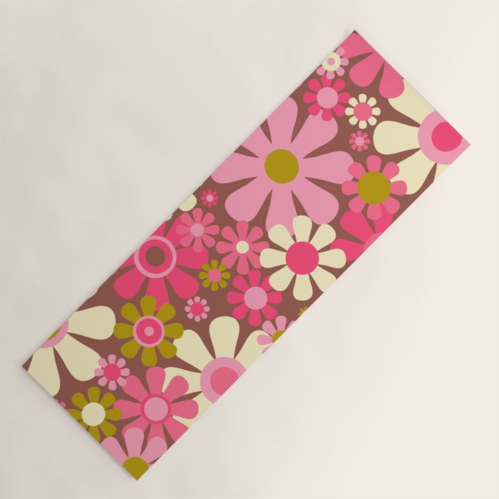 Groovy Retro Floral Garden 60s 70s Pattern in Pink Avocado Brown  Yoga Mat Gallery Image 1