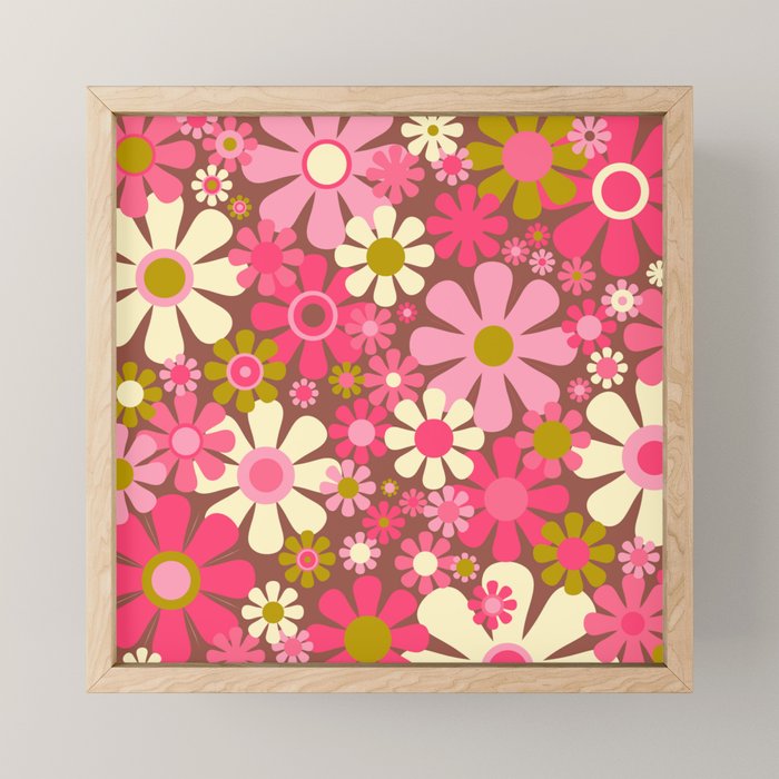 Groovy Retro Floral Garden 60s 70s Pattern in Pink Avocado Brown  Mini Art Print Gallery Image 1