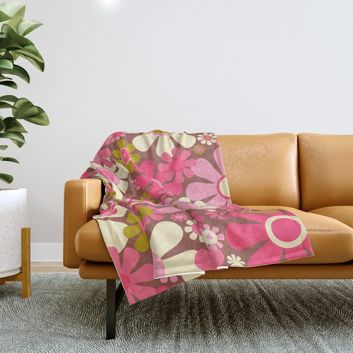 Groovy Retro Floral Garden 60s 70s Pattern in Pink Avocado Brown  Throw Blanket Gallery Image 1