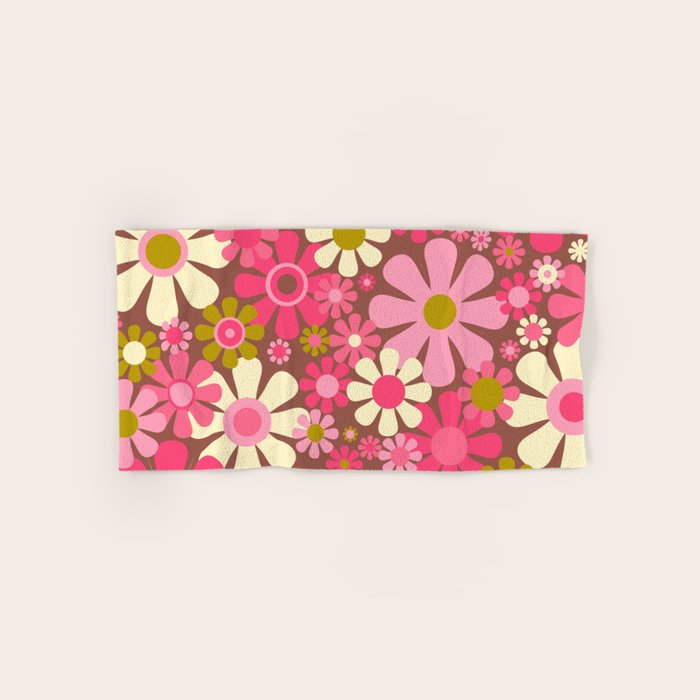 Groovy Retro Floral Garden 60s 70s Pattern in Pink Avocado Brown  Bath Towel Gallery Image 1