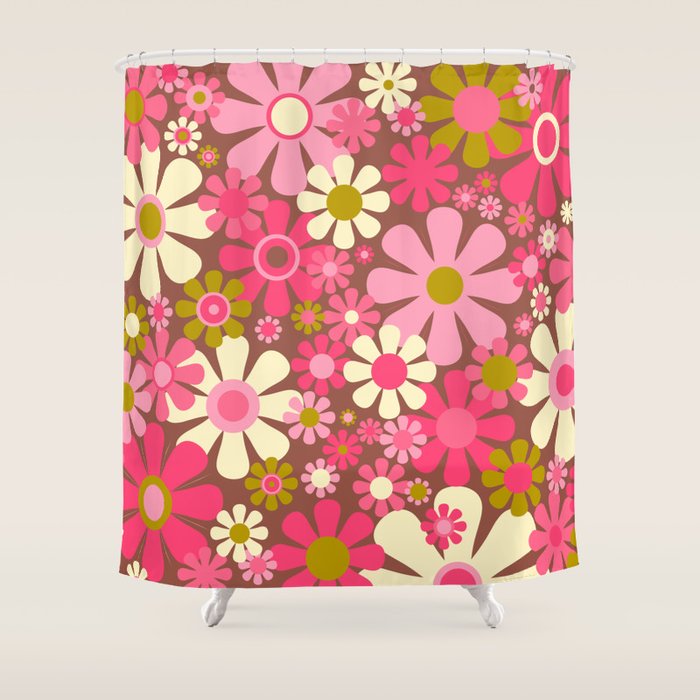 Groovy Retro Floral Garden 60s 70s Pattern in Pink Avocado Brown  Shower Curtain Gallery Image 1