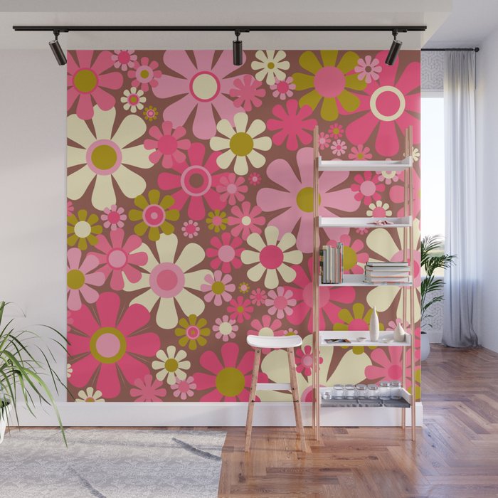 Groovy Retro Floral Garden 60s 70s Pattern in Pink Avocado Brown  Wall Mural Gallery Image 1