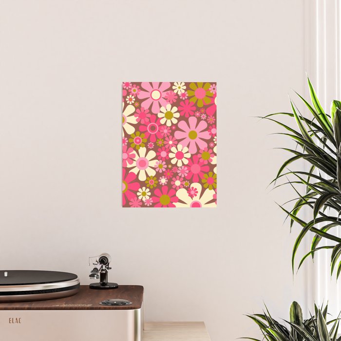 Groovy Retro Floral Garden 60s 70s Pattern in Pink Avocado Brown  Poster Gallery Image 2