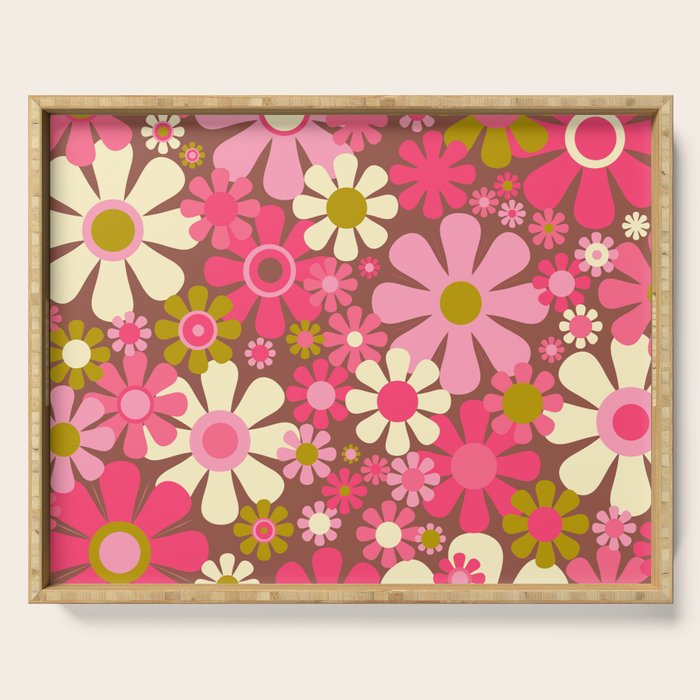 Groovy Retro Floral Garden 60s 70s Pattern in Pink Avocado Brown  Serving Tray Gallery Image 1