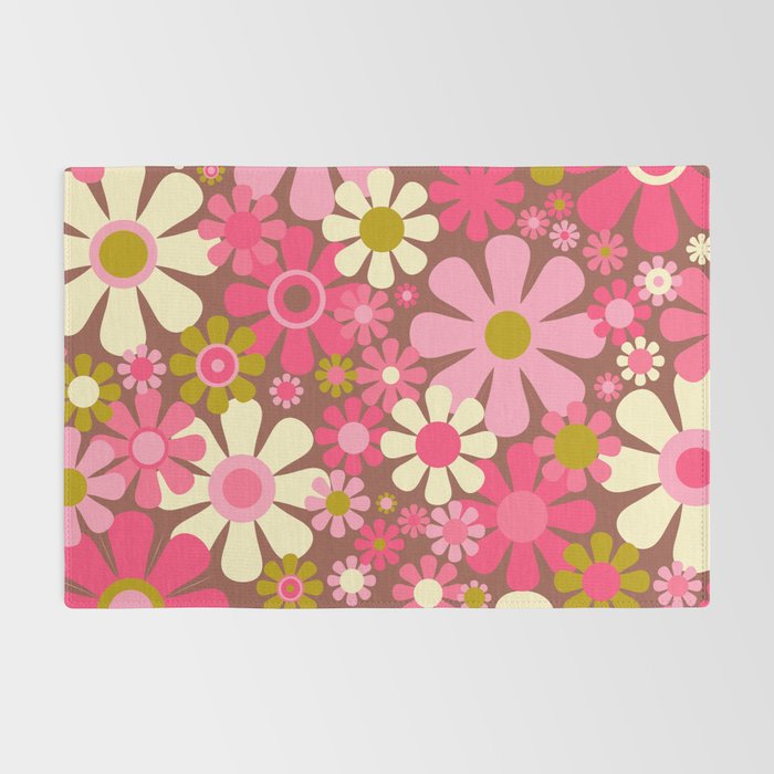 Groovy Retro Floral Garden 60s 70s Pattern in Pink Avocado Brown  Rug Gallery Image 2