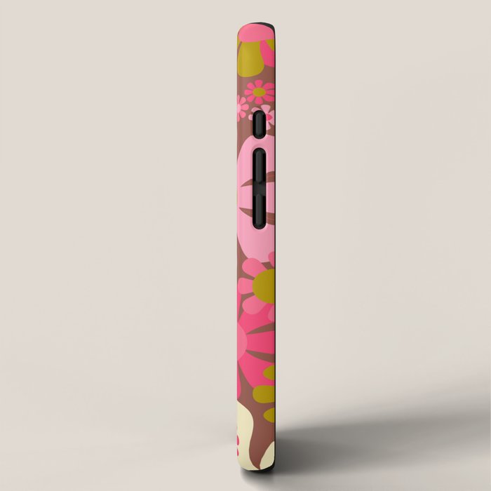 Groovy Retro Floral Garden 60s 70s Pattern in Pink Avocado Brown  iPhone Case Gallery Image 2