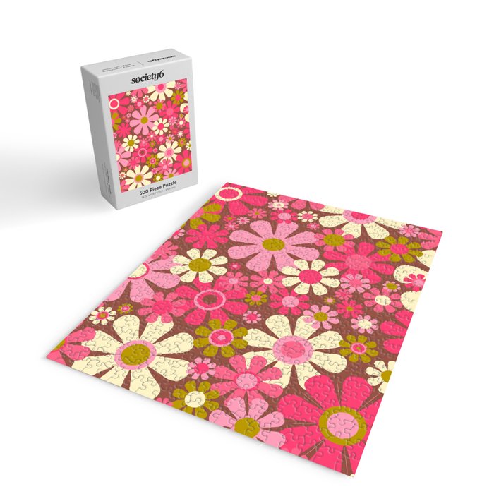Groovy Retro Floral Garden 60s 70s Pattern in Pink Avocado Brown  Jigsaw Puzzle Gallery Image 2