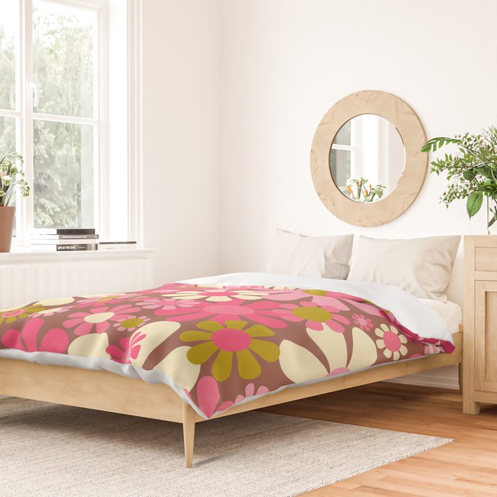 Groovy Retro Floral Garden 60s 70s Pattern in Pink Avocado Brown  Duvet Cover Gallery Image 2