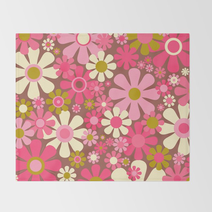 Groovy Retro Floral Garden 60s 70s Pattern in Pink Avocado Brown  Throw Blanket Gallery Image 2