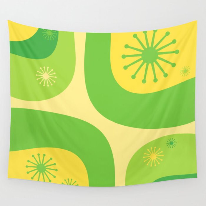 Mid Century Modern Atomic Groove Retro Abstract Pattern Lime Green and Yellow Wall Tapestry Gallery Image 4