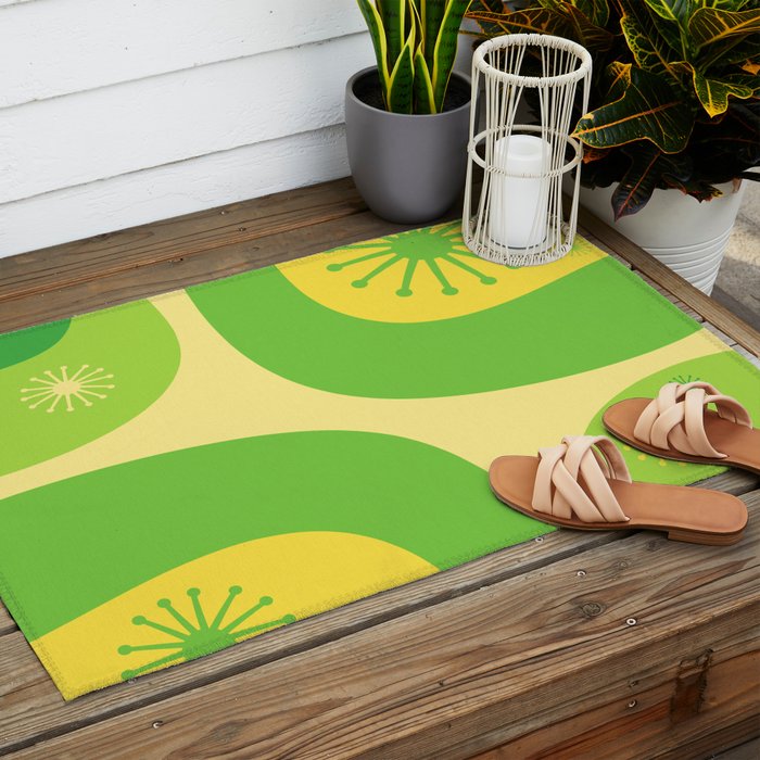 Mid Century Modern Atomic Groove Retro Abstract Pattern Lime Green and Yellow Outdoor Rug Gallery Image 2