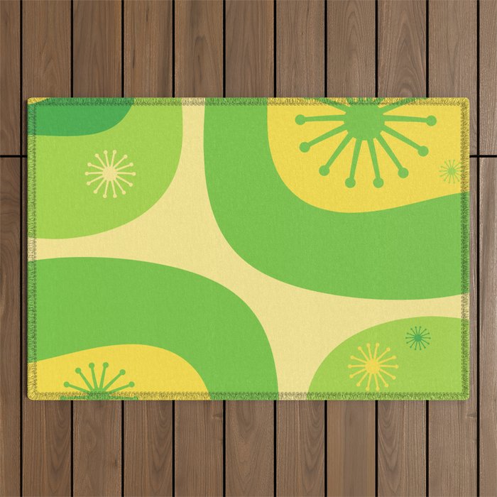 Mid Century Modern Atomic Groove Retro Abstract Pattern Lime Green and Yellow Outdoor Rug Gallery Image 1