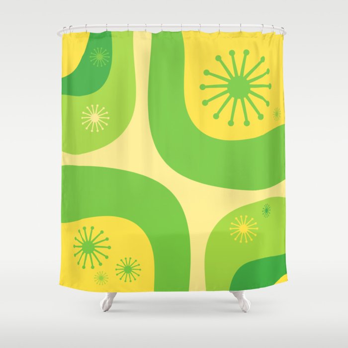 Mid Century Modern Atomic Groove Retro Abstract Pattern Lime Green and Yellow Shower Curtain Gallery Image 1