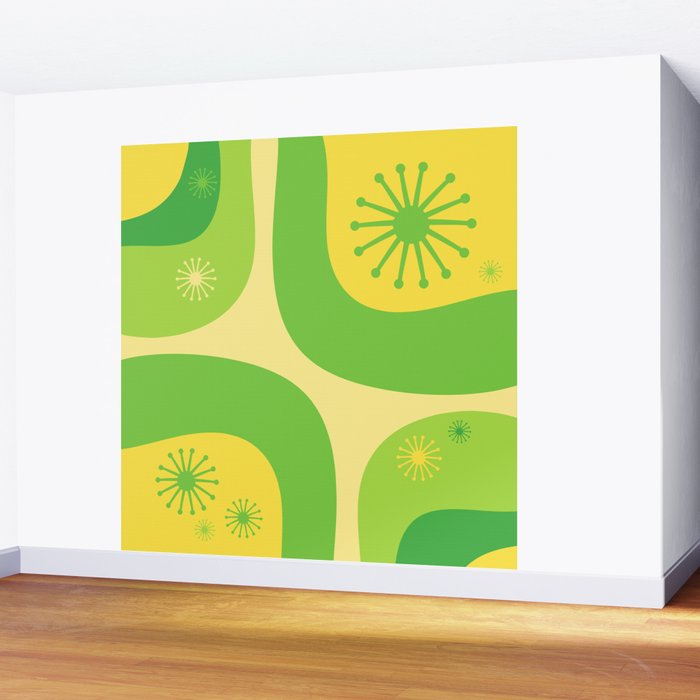 Mid Century Modern Atomic Groove Retro Abstract Pattern Lime Green and Yellow Wall Mural Gallery Image 2