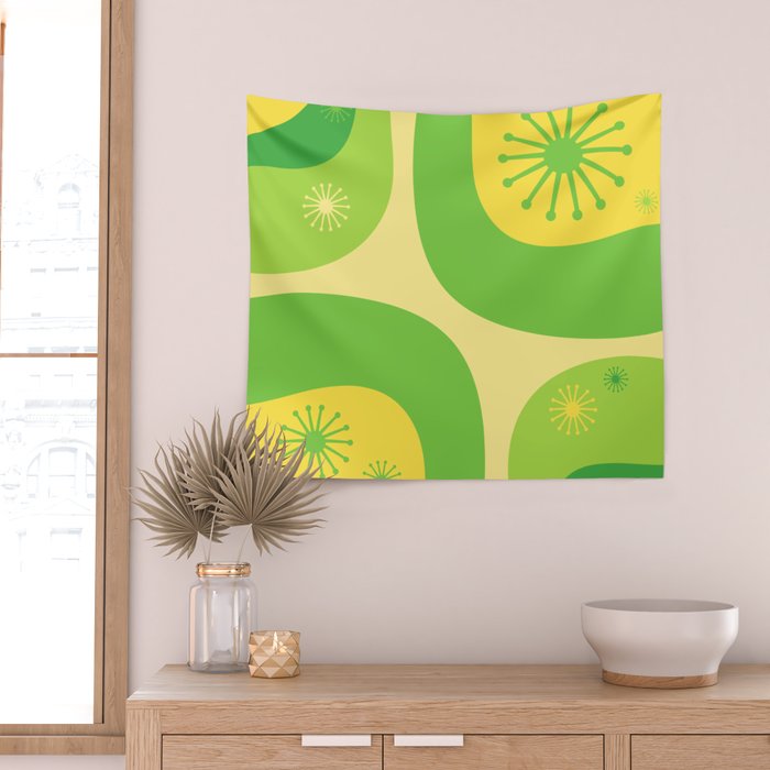 Mid Century Modern Atomic Groove Retro Abstract Pattern Lime Green and Yellow Wall Tapestry Gallery Image 2