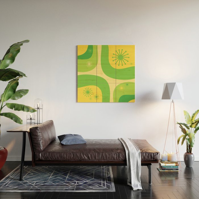 Mid Century Modern Atomic Groove Retro Abstract Pattern Lime Green and Yellow Wood Wall Art Gallery Image 2
