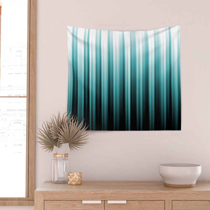 Aqua Teal Turquoise & White Abstract Soft Ombre Line Stripe Pattern on black - Aquarium SW 6767 Wall Tapestry Gallery Image 2