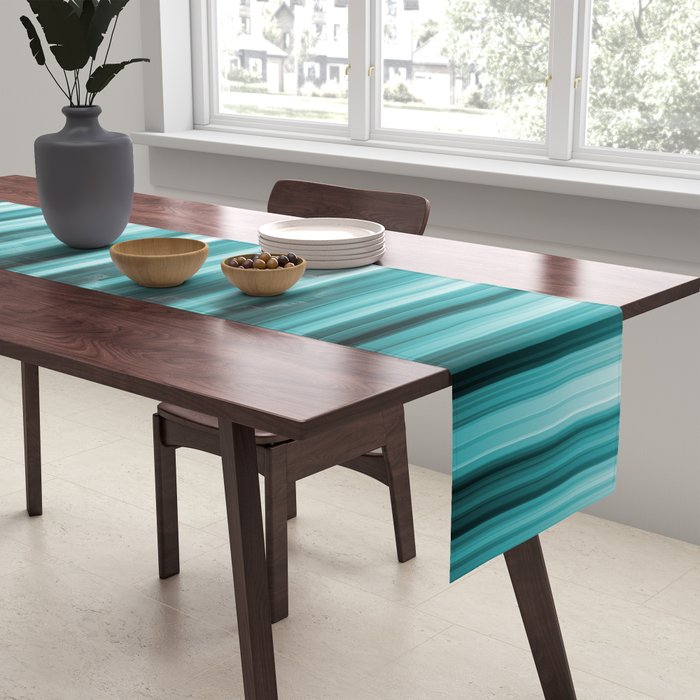 Aqua Teal Turquoise & White Abstract Soft Ombre Line Stripe Pattern on black - Aquarium SW 6767 Table Runner Gallery Image 2