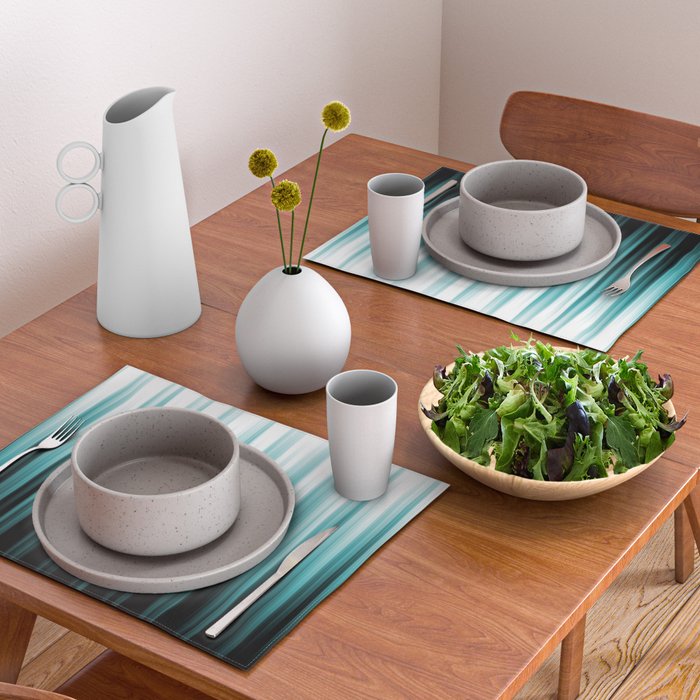 Aqua Teal Turquoise & White Abstract Soft Ombre Line Stripe Pattern on black - Aquarium SW 6767 Placemat Gallery Image 2