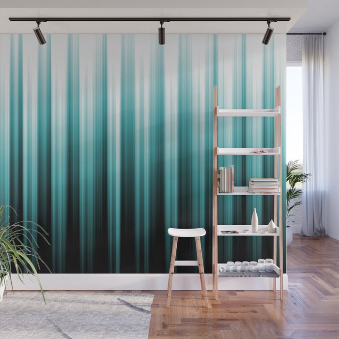 Aqua Teal Turquoise & White Abstract Soft Ombre Line Stripe Pattern on black - Aquarium SW 6767 Wall Mural Gallery Image 1