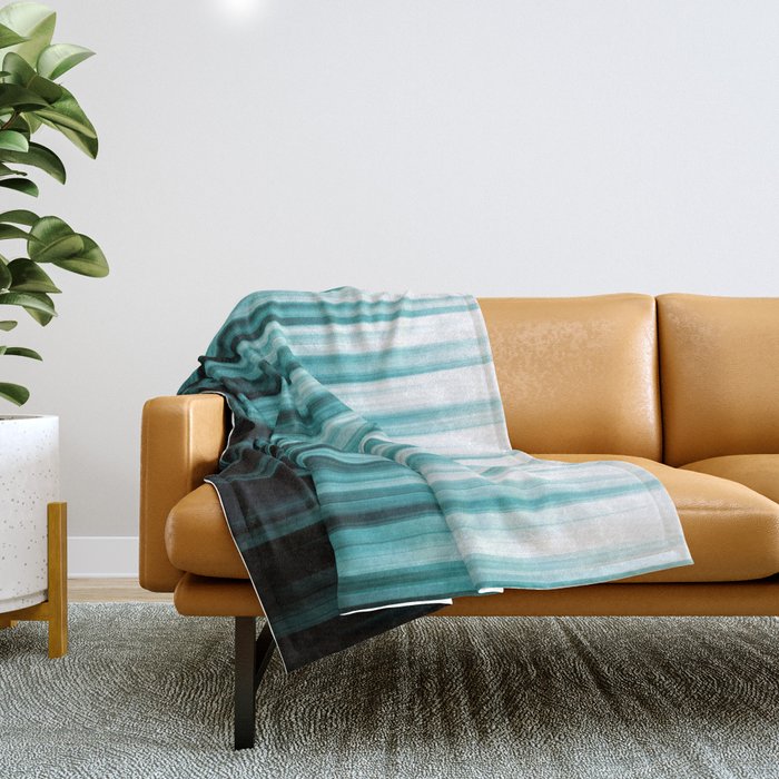 Aqua Teal Turquoise & White Abstract Soft Ombre Line Stripe Pattern on black - Aquarium SW 6767 Throw Blanket Gallery Image 1