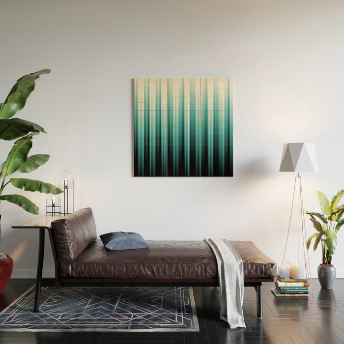 Aqua Teal Turquoise & White Abstract Soft Ombre Line Stripe Pattern on black - Aquarium SW 6767 Wood Wall Art Gallery Image 2