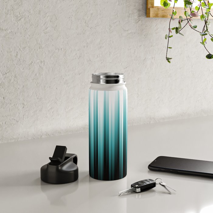 Aqua Teal Turquoise & White Abstract Soft Ombre Line Stripe Pattern on black - Aquarium SW 6767 Water Bottle Gallery Image 4
