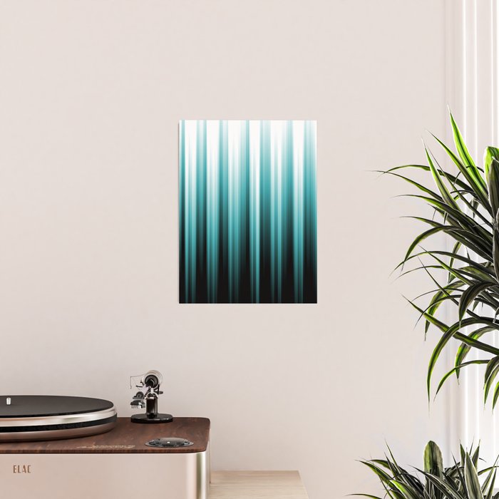 Aqua Teal Turquoise & White Abstract Soft Ombre Line Stripe Pattern on black - Aquarium SW 6767 Poster Gallery Image 2