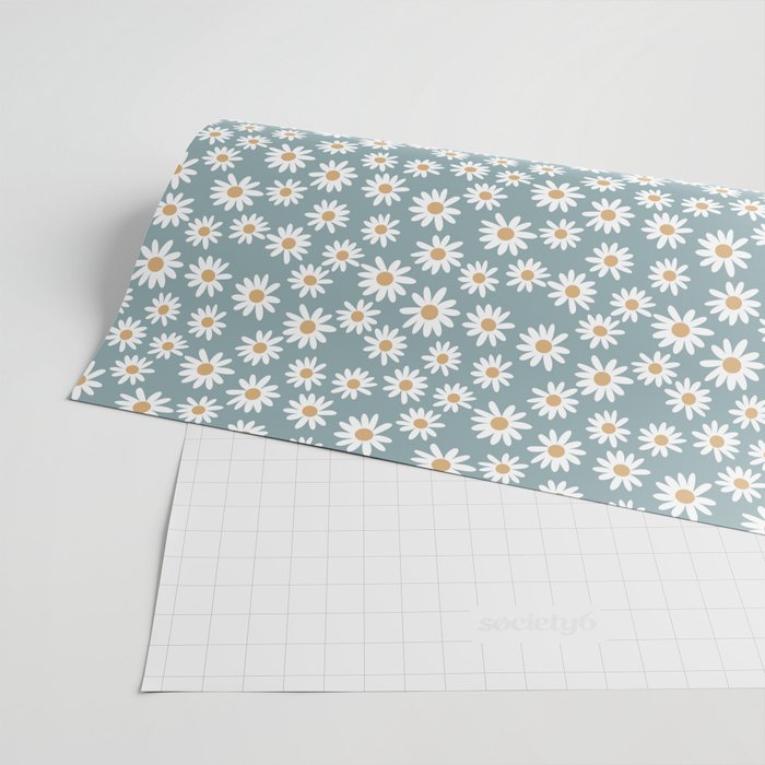 Daisies - daisy floral repeat, daisy flowers, 70s, retro, black, daisy florals dusty blue Wrapping Paper Gallery Image 2