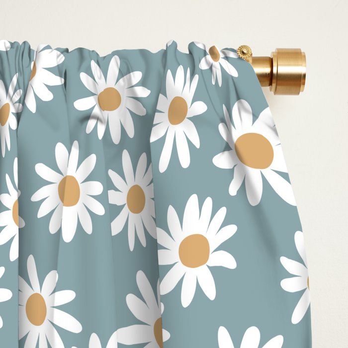 Daisies - daisy floral repeat, daisy flowers, 70s, retro, black, daisy florals dusty blue Window Curtain Gallery Image 2