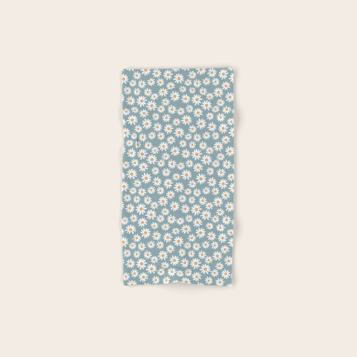 Daisies - daisy floral repeat, daisy flowers, 70s, retro, black, daisy florals dusty blue Bath Towel Gallery Image 1