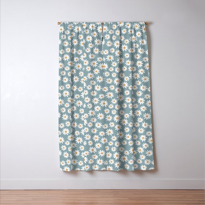 Daisies - daisy floral repeat, daisy flowers, 70s, retro, black, daisy florals dusty blue Window Curtain Gallery Image 3